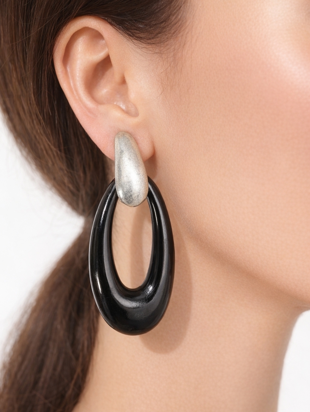 Women's Stunning Polished Silver & Black Hoop Drop Earrings, 2.3" - Jewelry